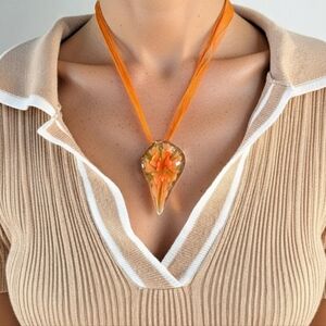 Boho Handmade Artisan Glass 2" Pendant 9" Necklace – Orange Floral Teardrop